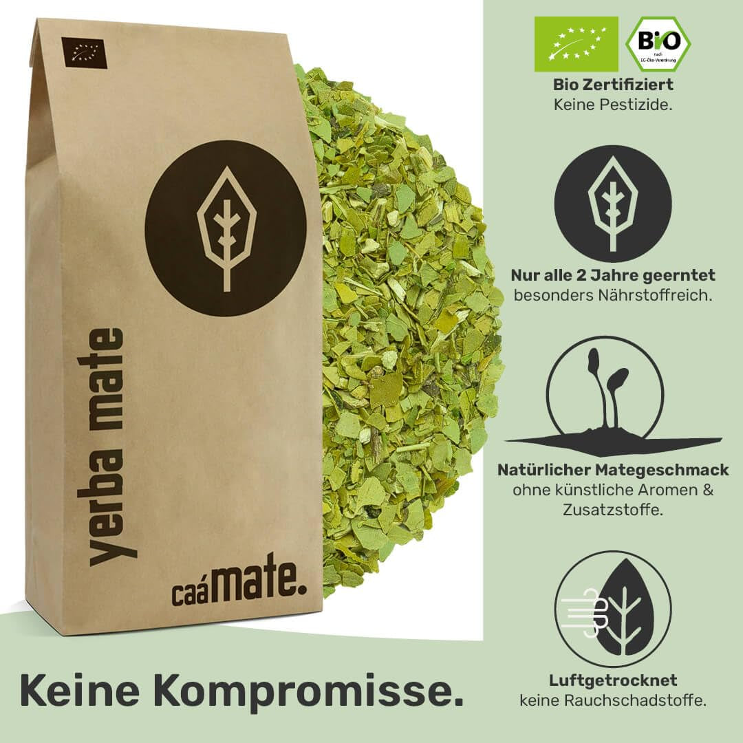 Thé Yerba Mate BIO 1 kg ● Original ● Mûr ● Non torréfié ● Séché à l'air ● Sans fumée ● Sans plastique ● Commerce équitable ● Thés maté à base de feuilles de maté, de morceaux de maté et de poudre de feuilles de maté ● DE-ÖKO-006