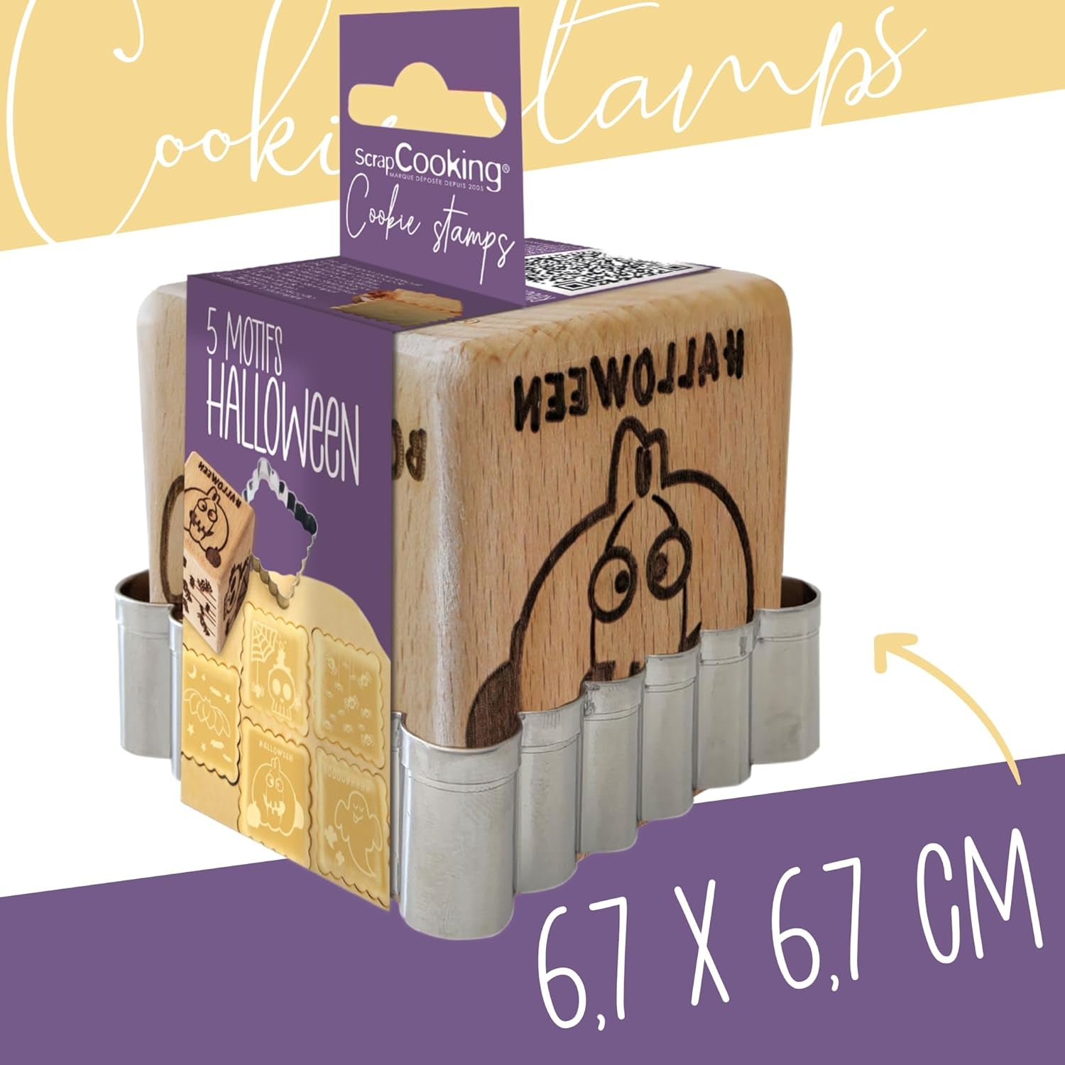 ScrapCooking - Tampon à pâtisserie en bois Halloween Designs - avec 1 forme de biscuit et cube en relief à 5 faces - 5298