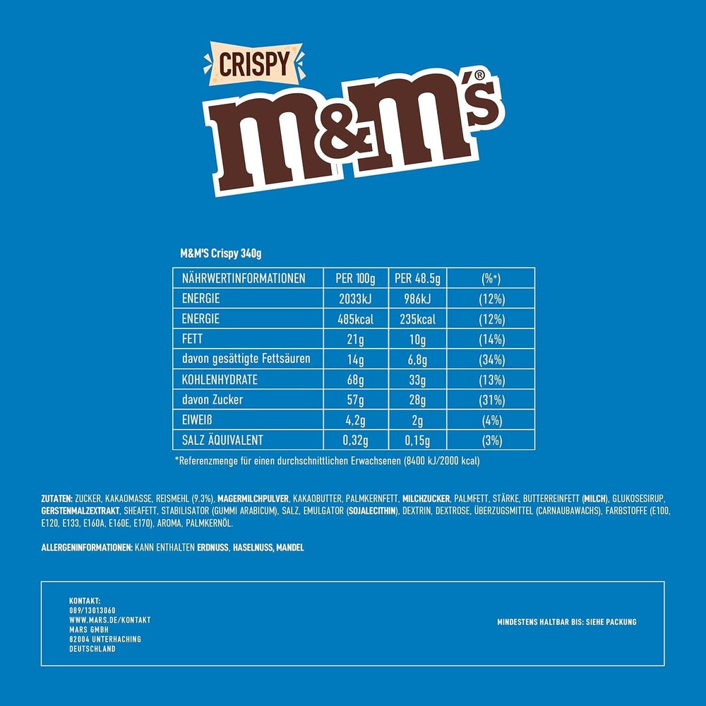 M&M'S Crispy, pépites de chocolat au cœur croustillant Bonbons au chocolat Naty Shop