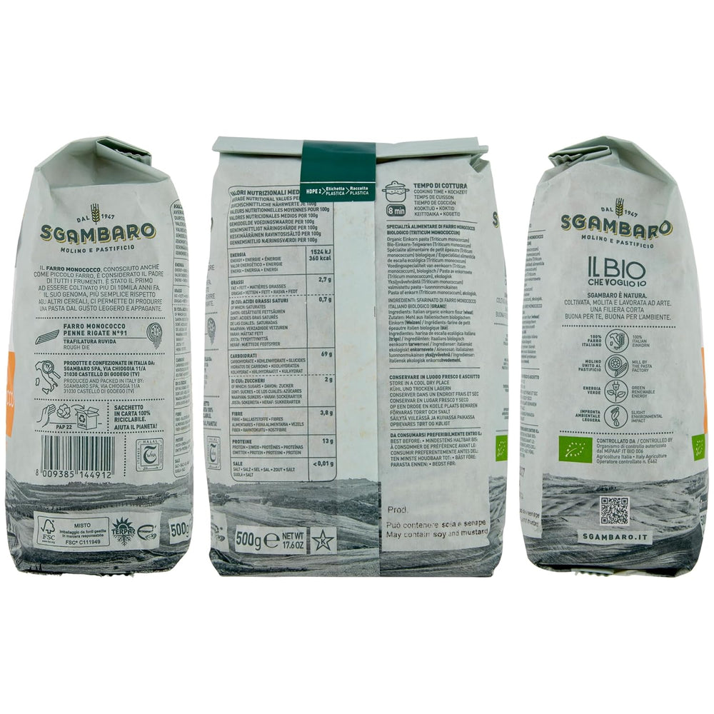Pâtes Penne Rigate Bio N.91 - 500g Pâtes de blé allégées - Source de fibres et de protéines
