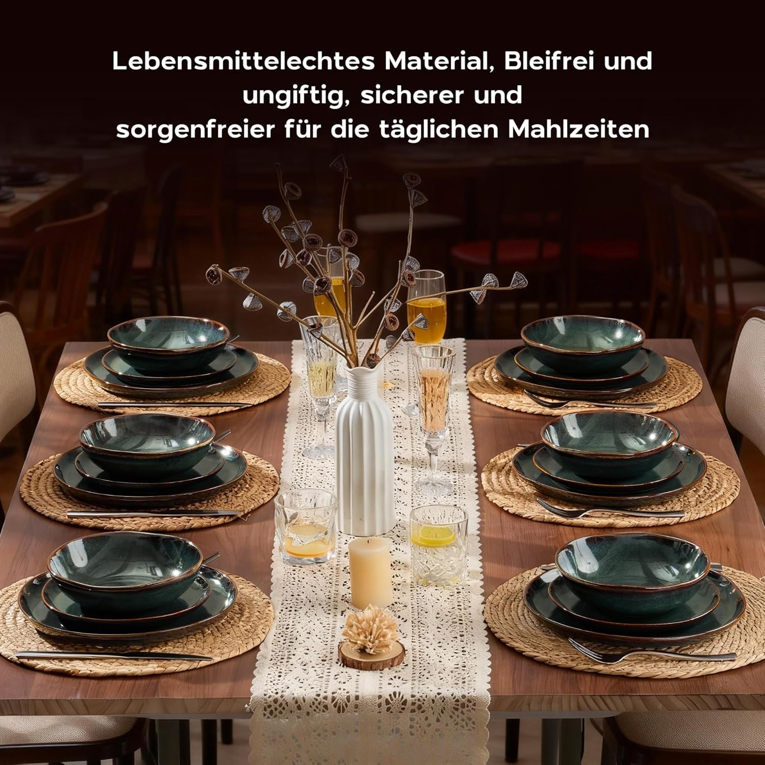 Service de table pour 6 personnes, 24 pièces en carreaux de céramique, service de table rond irrégulier avec assiettes, assiettes à dessert, bols à céréales, passe au micro-ondes et au lave-vaisselle, vert toundra réactif