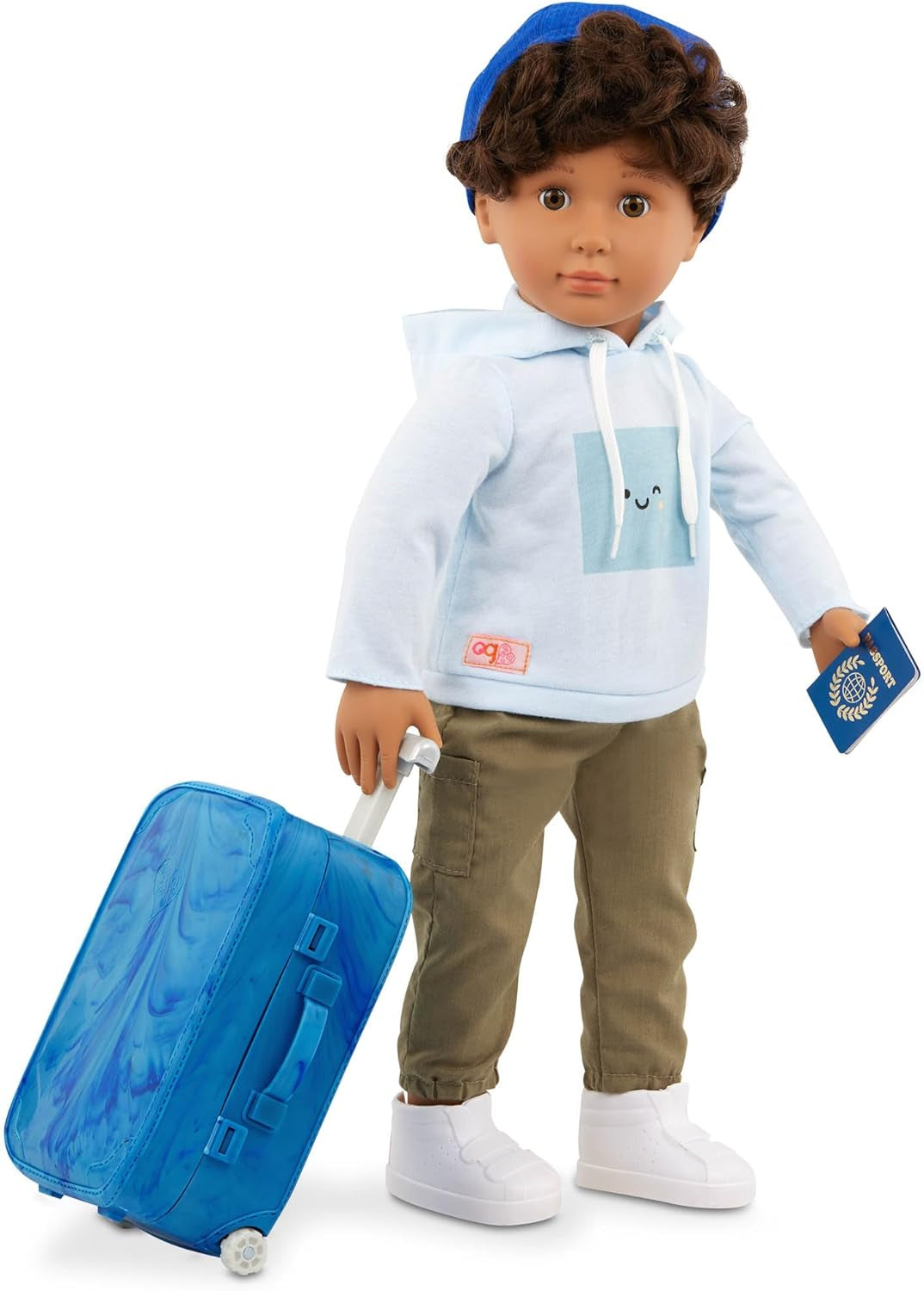Our Generation - Milo - Poupée garçon de 46 cm - Yeux marron réalistes et cheveux bruns bouclés - Bagages à roulettes et accessoires de voyage - Jeu de simulation - Jouet pour 3 ans et plus