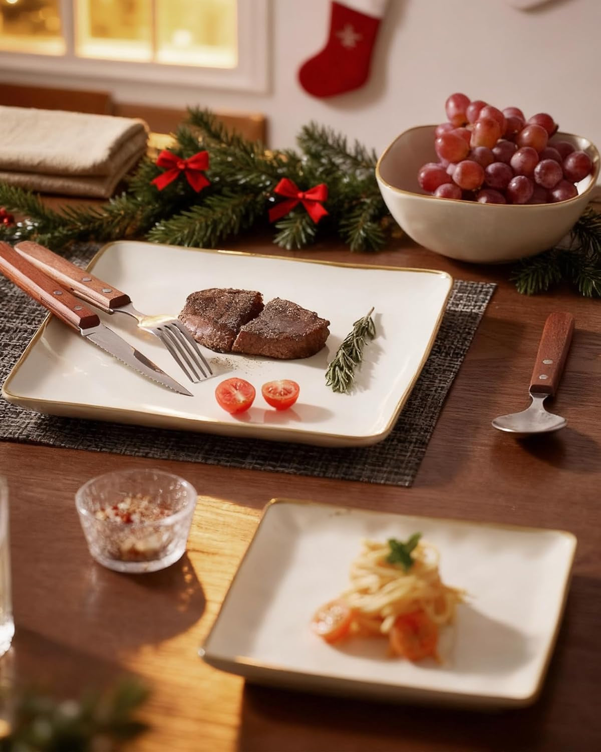 Service de table en grès pour 6 personnes Ocean Series, service de table carré de 18 pièces, service combiné d'assiettes, vernis réactif, vaisselle résistante aux rayures, Beige