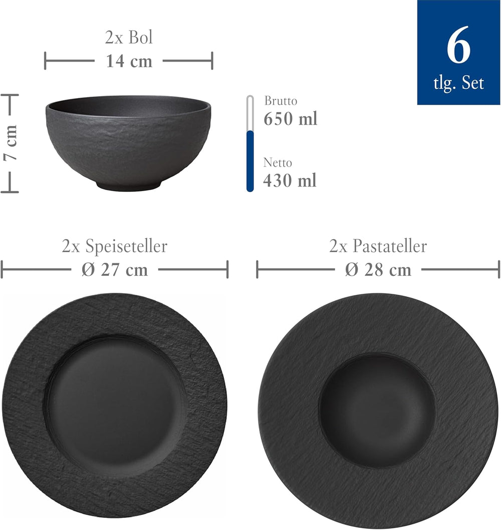 Villeroy & Boch – Set de început Manufacture Rock, 6 piese, negru, rezistent la mașina de spălat vase, rezistent la cuptorul cu microunde, set de veselă negru mat, veselă, tacâmuri, porțelan premium