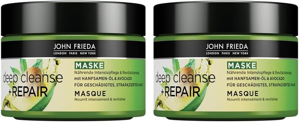 John Frieda - Deep Cleanse & Repair Mask / Treatment - Conținut: 250 ml - Cu ulei de semințe de cânepă + avocado hrănitor - Mască de păr calmantă pentru părul deteriorat Masca de par Naty Shop 250 ml (pachet de 2)