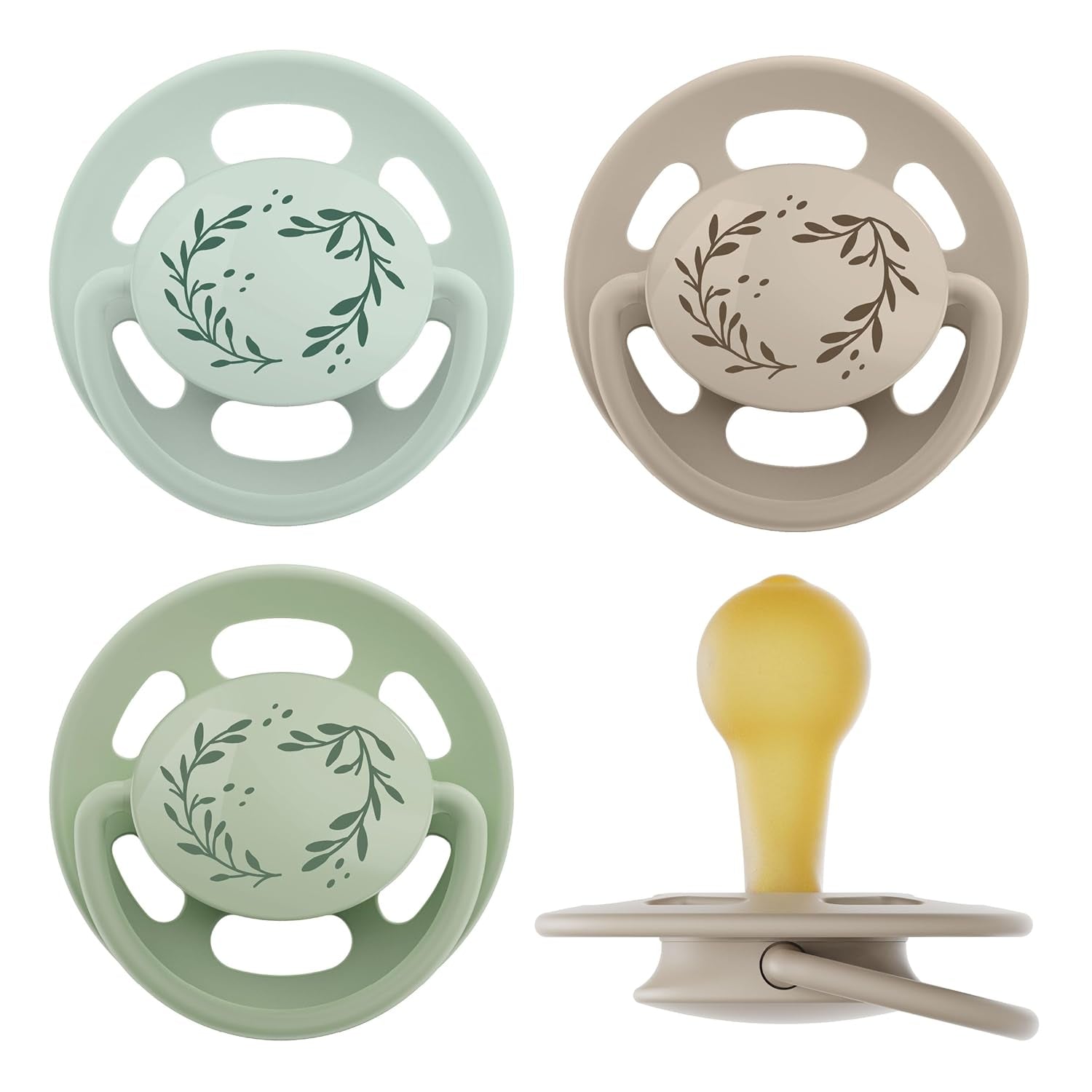 pincement - Vert Cerise | 0-6 mois | Paquet de 4 | Sucette pour bébé, adaptée à l'allaitement et à la dentition. Sucette durable, fabriquée à partir de matières premières naturelles, vert clair/marron