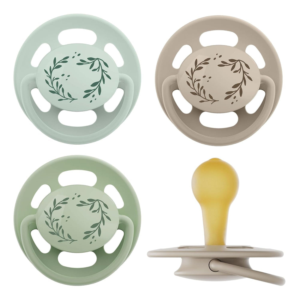 pincement - Vert Cerise | 0-6 mois | Paquet de 4 | Sucette pour bébé, adaptée à l'allaitement et à la dentition. Sucette durable, fabriquée à partir de matières premières naturelles, vert clair/marron