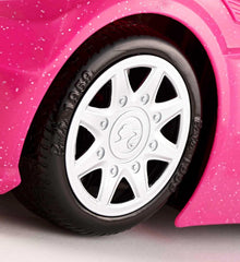 Barbie Puppe und Cabrio in rosa mit Glitzer, realistische Reifen Logo, Spielzeug ab 3 Jahren, DJR55