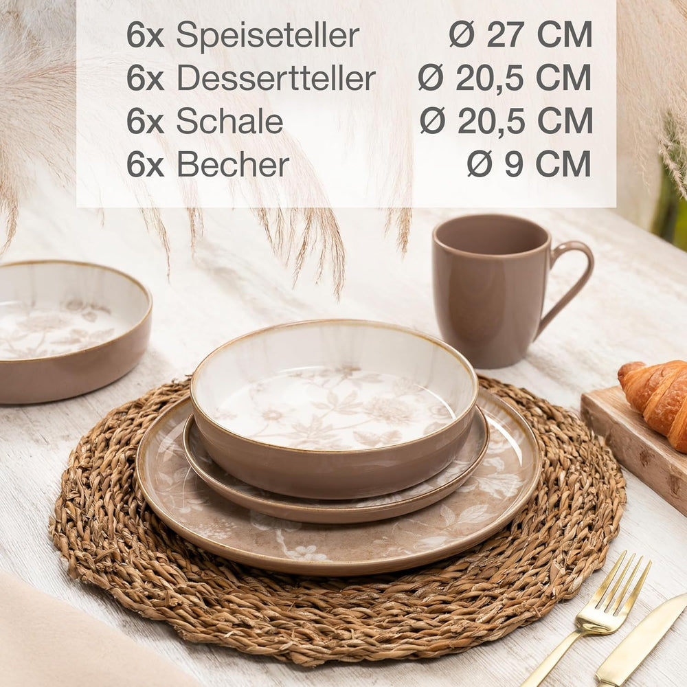Moritz & Moritz MARIELLA Service de table en grès pour 6 personnes, 24 pièces - Vaisselle beige moderne au design ludique, service à café facile d'entretien avec assiettes, bols et tasses - Service combiné
