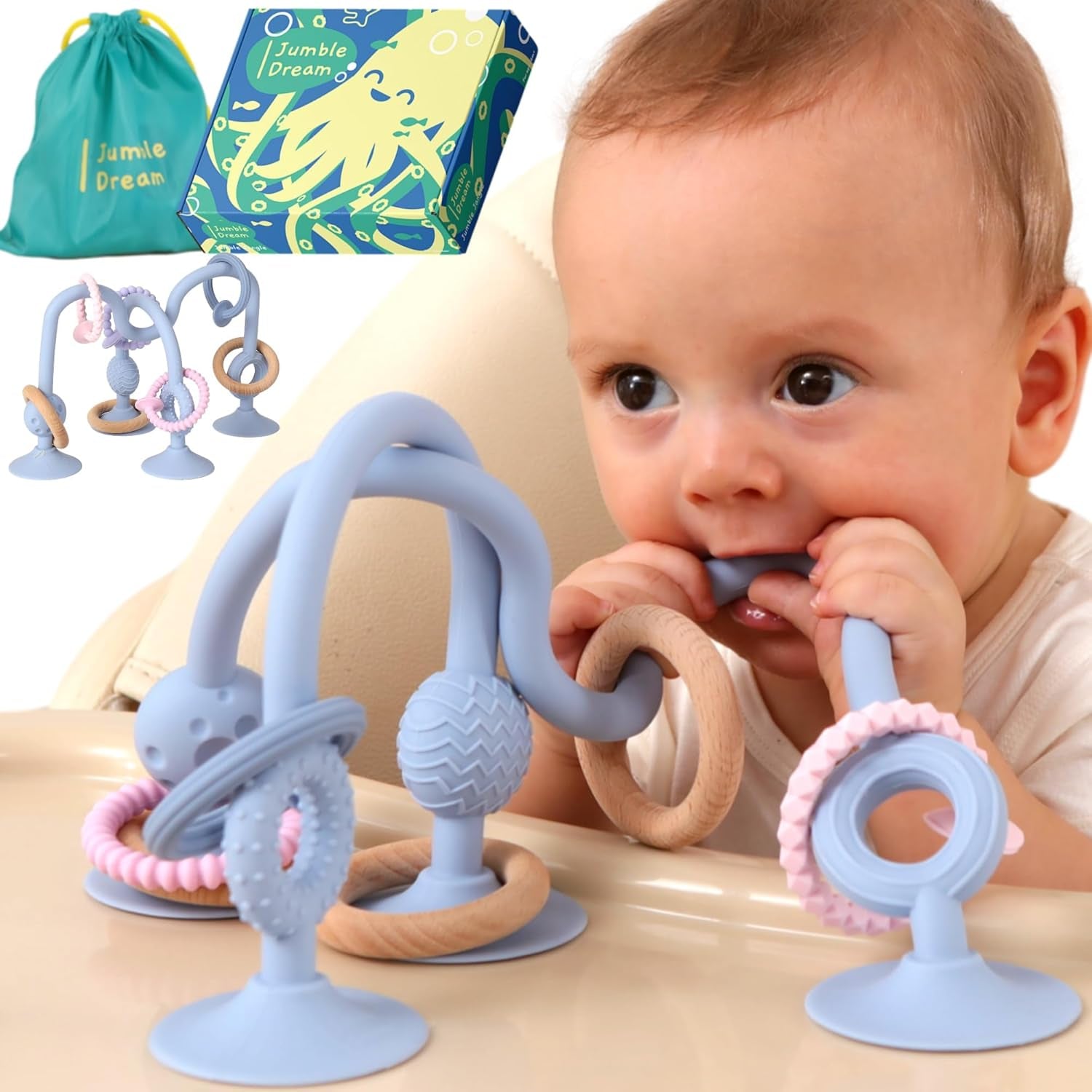 JUMBLE JANGLE Anneau de dentition pour bébé : jouet de dentition pour bébé de 3 à 24 mois | Ensemble de 7 jouets à mâcher sans BPA | Anneau de dentition en silicone rafraîchissant | Jouet pour tout-petit avec ventouse pour chaise haute, table et baignoire