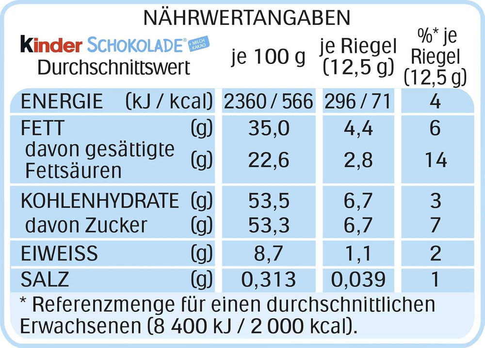 Kinder Chocolate - Barres de chocolat au lait fourrées - 1 paquet contenant 24 barres individuelles (24 x 12,5 g).