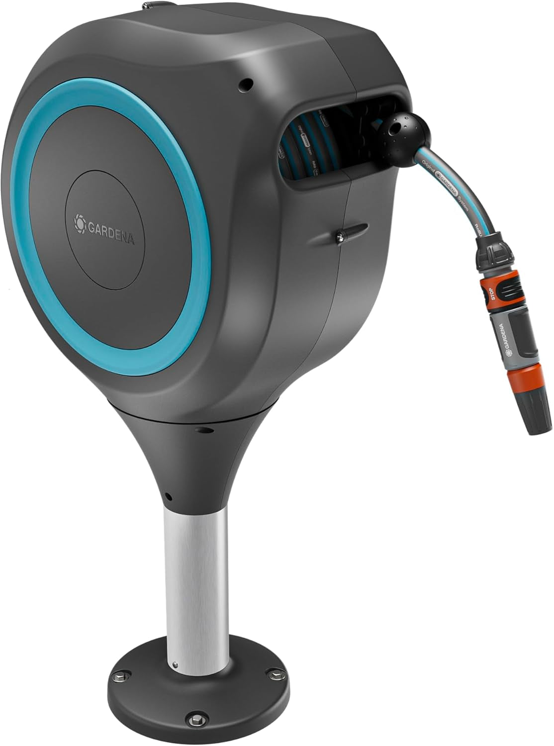 Gardena RollUp M Terrace Hose Box : Boîte résistante aux intempéries avec technologie d'enroulement et tuyau de 20 m pour l'arrosage des jardins en terrasse de taille moyenne, enroulement automatique, blanc (18615-20)
