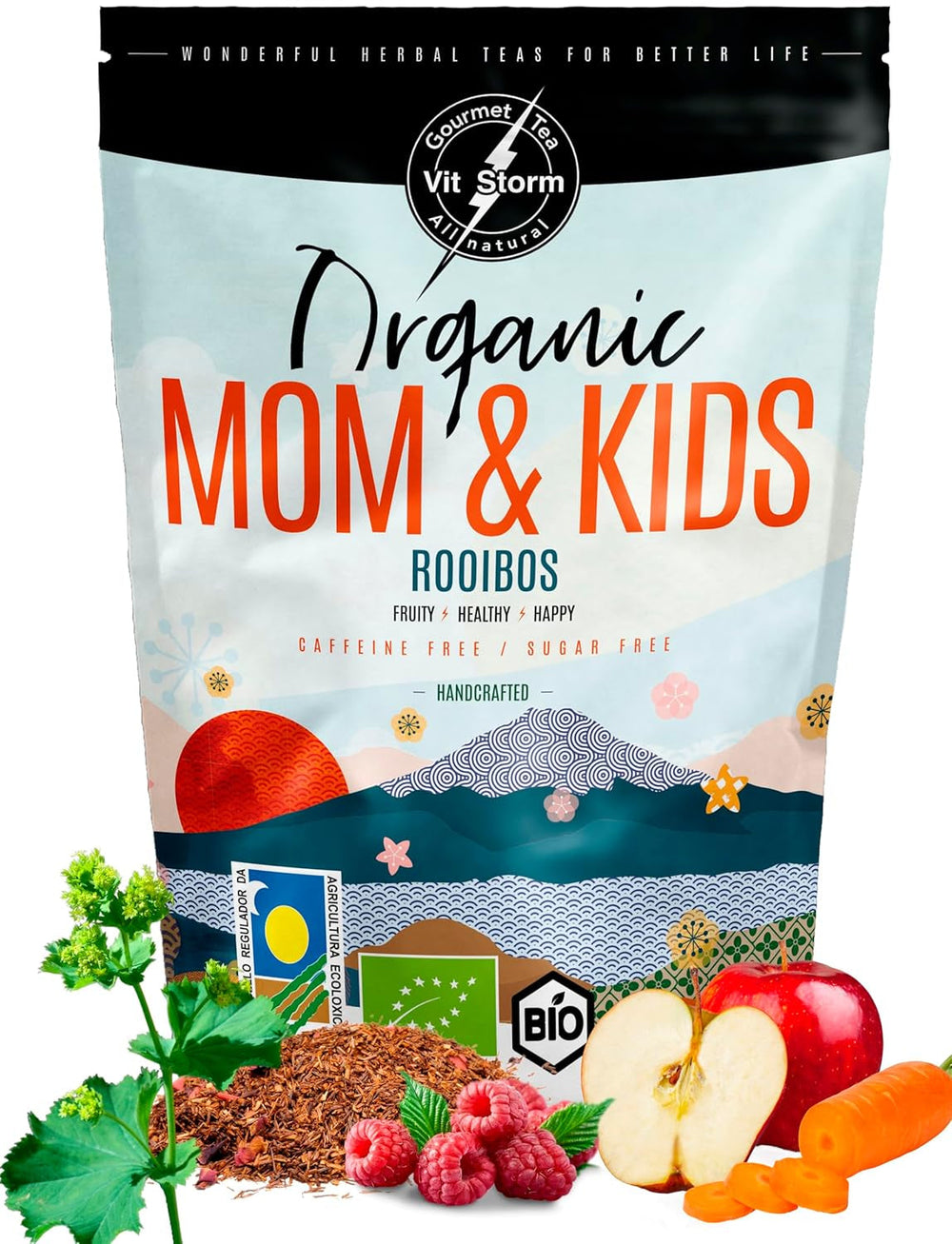 VITSTORM® BIO TEE Mom & Kids - Thé pour femme et allaitement - Rooibos, pomme, fenouil, mélisse, alchémille, fraise - Thé relaxant - Fruité et délicieux - Sans caféine - Tisane 100 g