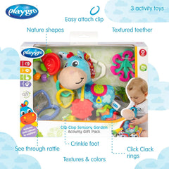 Playgro Clip Clop Coffret Cadeau d'Activités Sensorielles de Jardin - Jouet de Jardin Sensoriel pour Bébés à partir de 0 Mois - Jouet Interactif avec Hochets, Anneau de Dentition et Ami de la Poussette - 4 Pièces