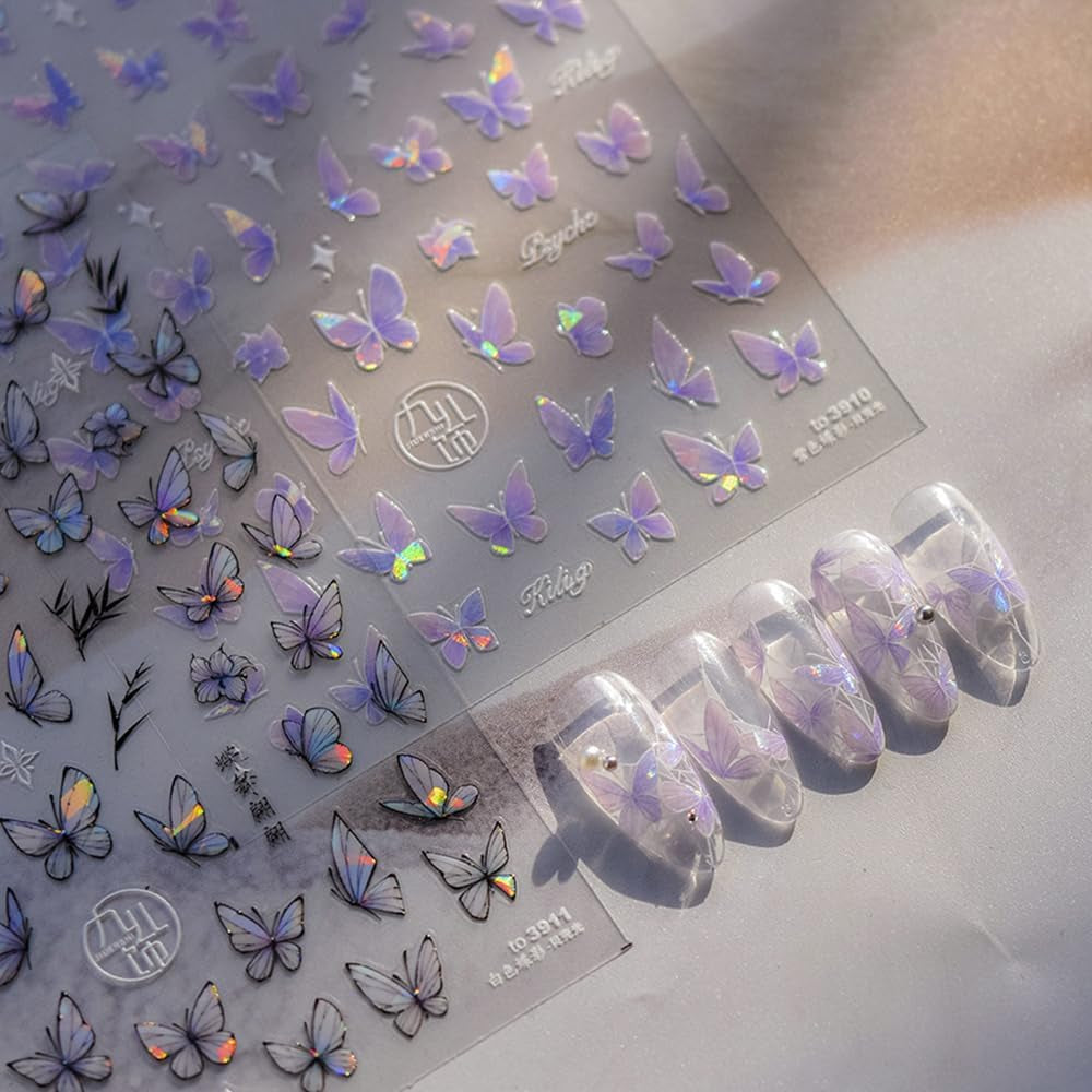 2 Blätter Schmetterling Nagelsticker Selbstklebend,Muschel Glitzer Nail Art Butterfly Nail Sticker Lila Grau Schmetterlinge Nagelaufkleber Relief Laser Papillons Nagel Sticker Nageldesign Zubehör