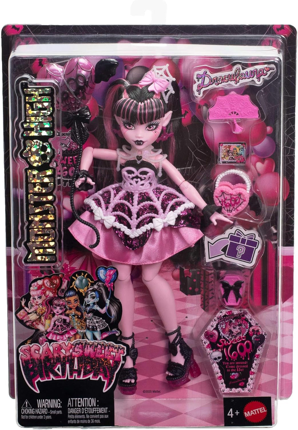 Monster High Scary Sweet Birthday-Puppe, Draculaura im rosa Partykleid mit themenbezogenem Zubehör wie Einladung, Luftballon, Geschenk, Fächer und mehr, JBG74