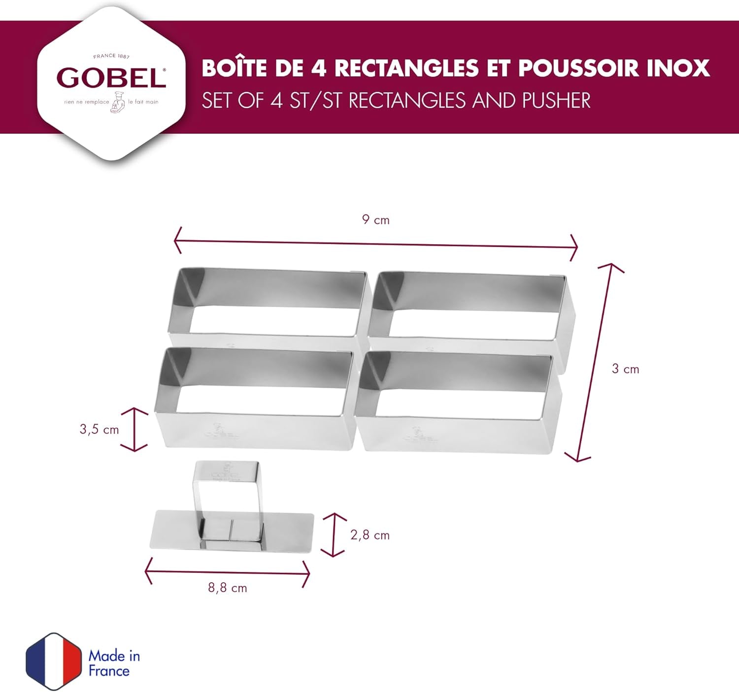 881780 La boîte contient 4 formes rectangulaires + un pilon en inox.