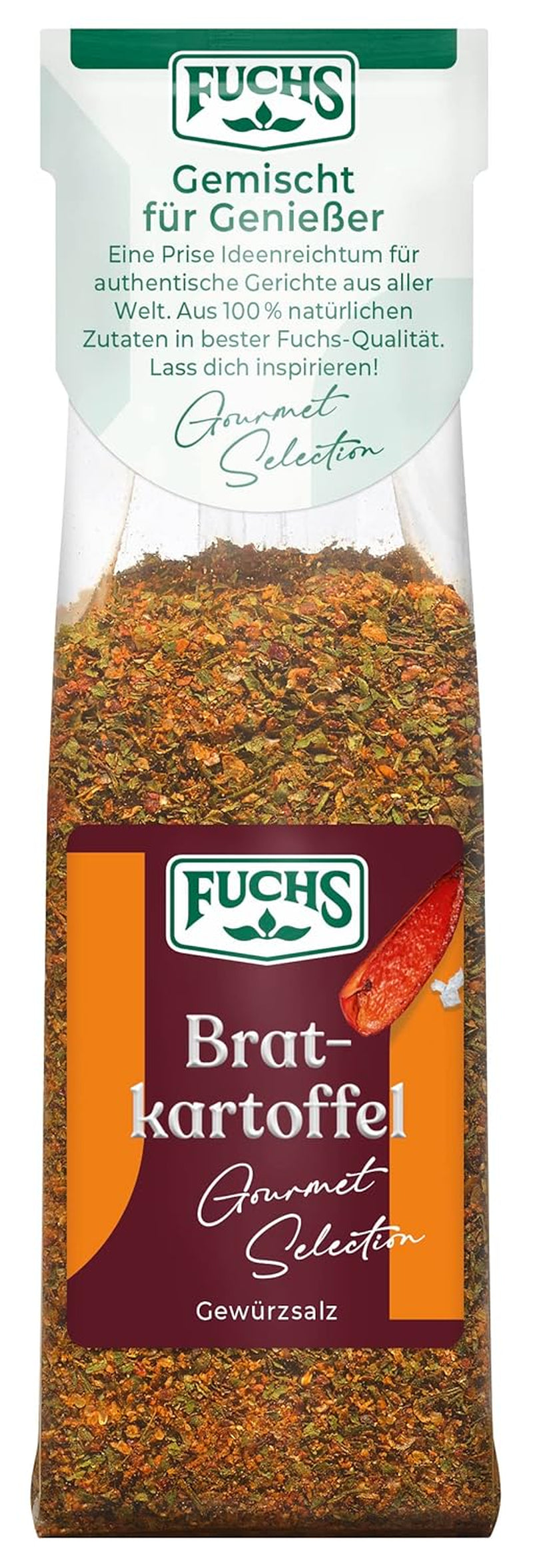 Fuchs Gourmet Selection Klassisch/Heimisch – Bratkartoffel Gewürzsalz, nachfüllbares Kartoffel Gewürz, Salz zum Würzen von Brat- & Ofenkartoffeln, Pommes Frites & Co, végétalien, 70 g