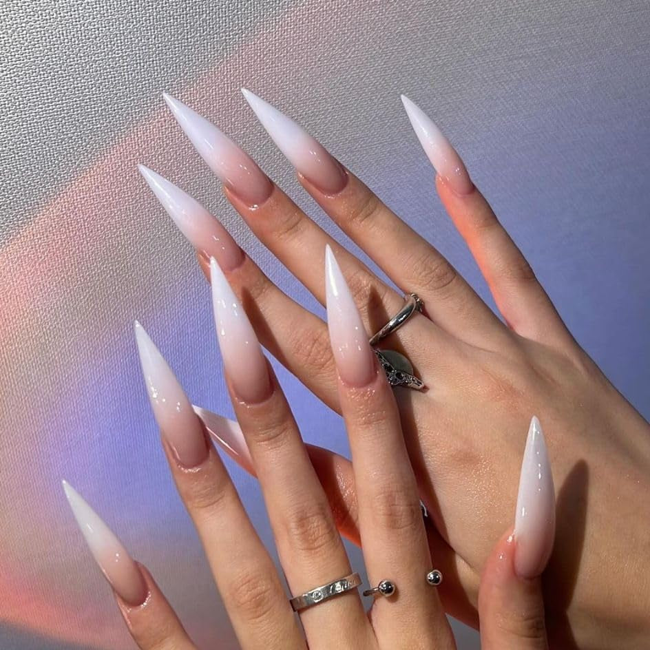 Mouyouglow Unghii lungi, Stiletto, alb lăptos, gradient roz, sclipici, cool, unghii false cu lipici, unghii artificiale roz Ombre sclipici