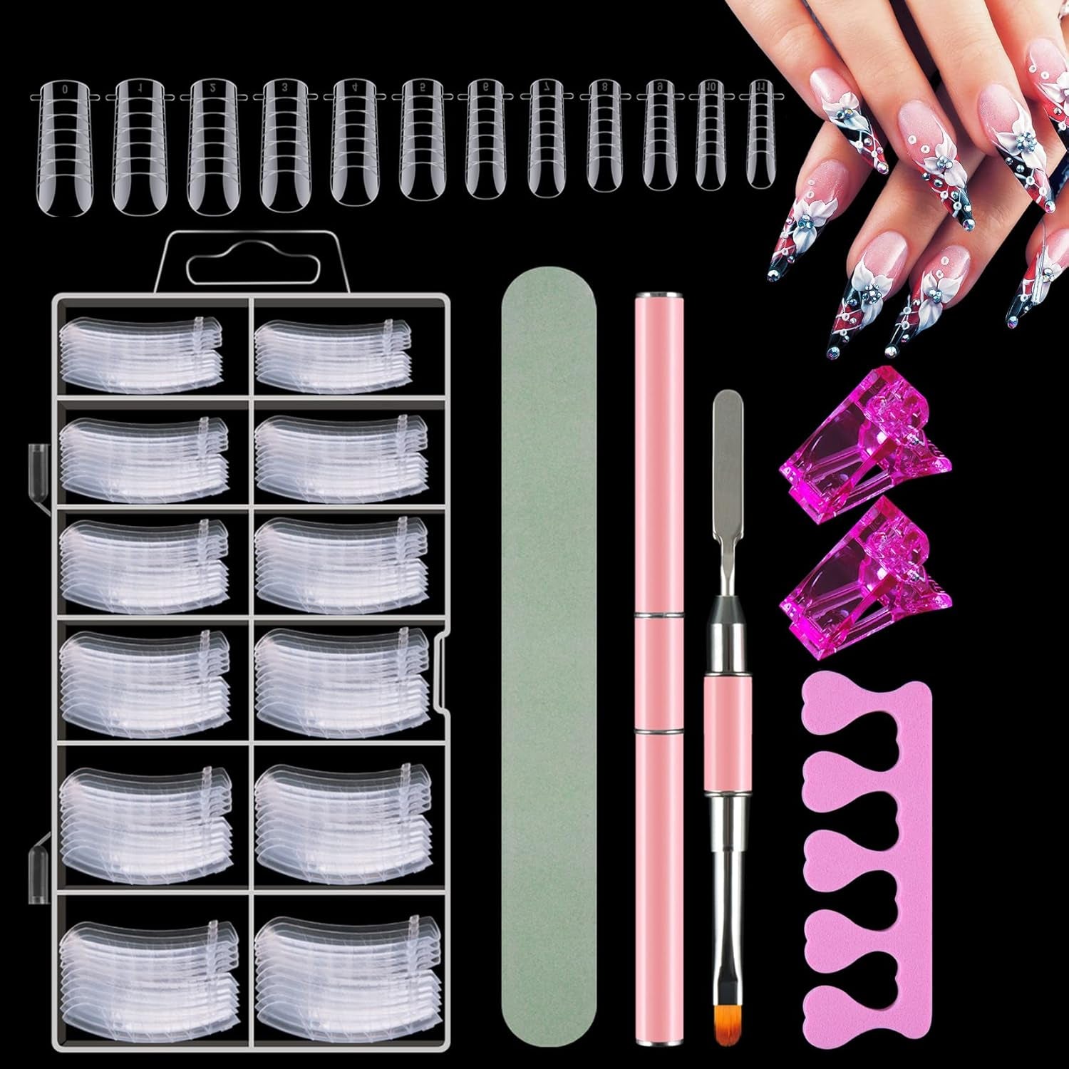 Ensemble de 120 formes d'ongles doubles, modèles d'extension d'ongles avec brosse rose à double extrémité, clip pour pointe d'ongle, séparateur d'orteil en éponge et lime à ongles pour ongles en polygel