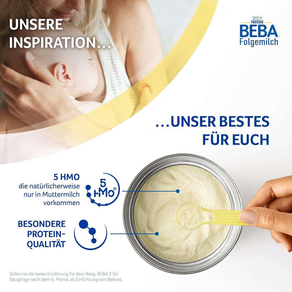 BEBA 2 - Lait de suite après 6 mois, avec complexe 5 HMO, teneur en protéines adaptée à l'âge, sans lactose, sans huile de palme, sans huile de poisson, nourriture pour bébé, lait en poudre pour bébé, lot de 3 (3 x 800 g)