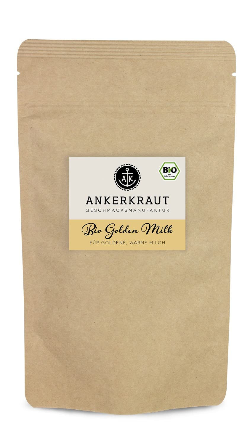 Ankerkraut Bio Golden Milk, Gewürz für goldene Milch, avec Curcuma, Zimt et Ingwer, 75 g dans un verre en liège