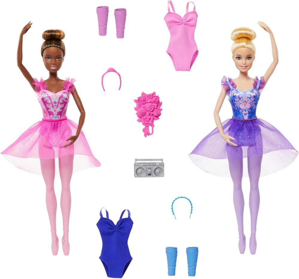 ​Barbie Ballettstudio Set mit 2 Puppen und 9 Zubehörteilen, blonde und brünette Ballerina-Modepuppen mit zusätzlichem Outfit und zum Tanzmotto passenden Teilen, HXC37