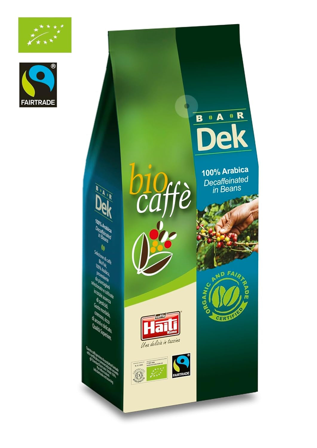 Caffè Haiti Roma café en grains décaféiné biologique, 100% Arabica, certifié Fairtrade, qualité biologique, paquet de 2 x 500g