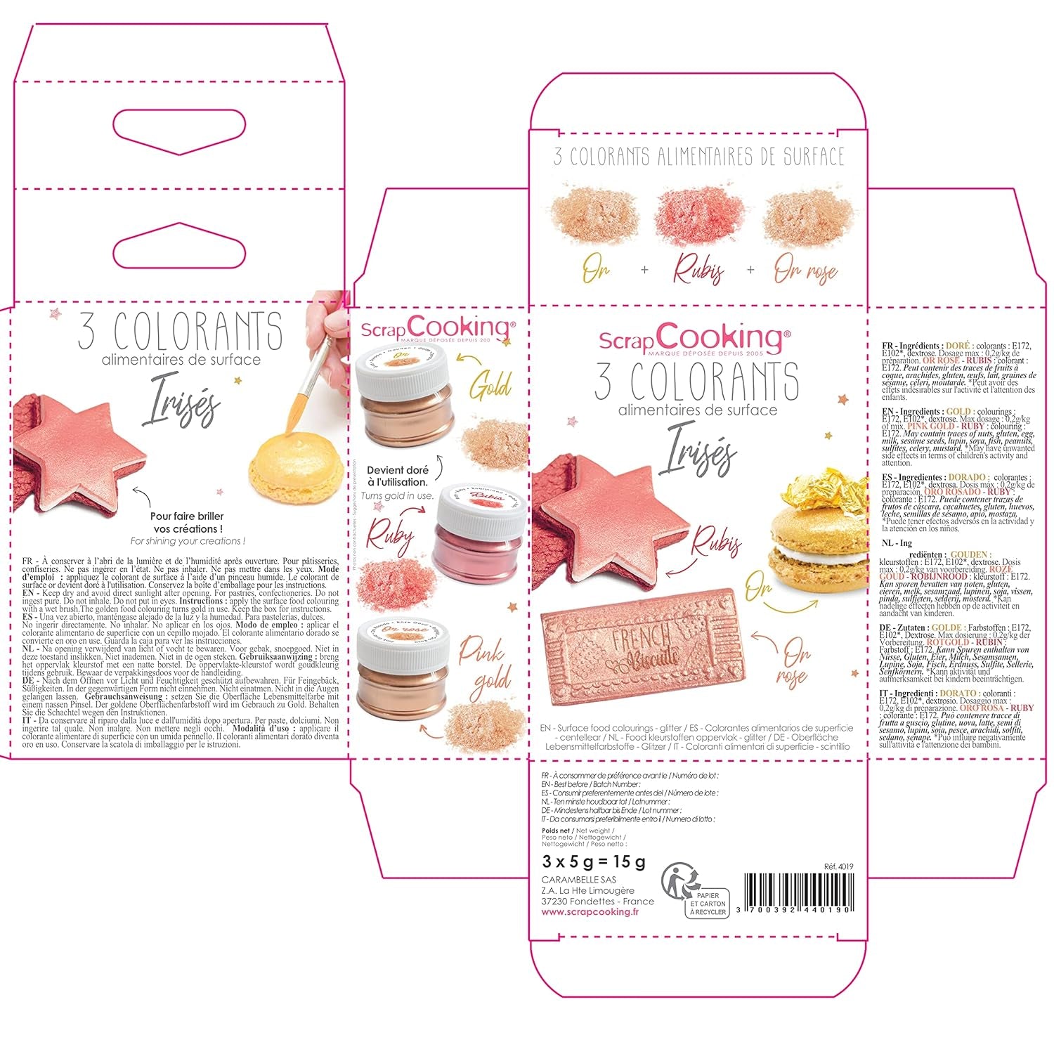 Scrapcooking - Lot de 3 Colorants Alimentaires Métallisés - Colorants Alimentaires : Or, Or Rose et Rubis - Colorant Alimentaire Comestible pour Pâtisserie, Gâteaux, Biscuits, Gâteaux, Chocolat - 4019