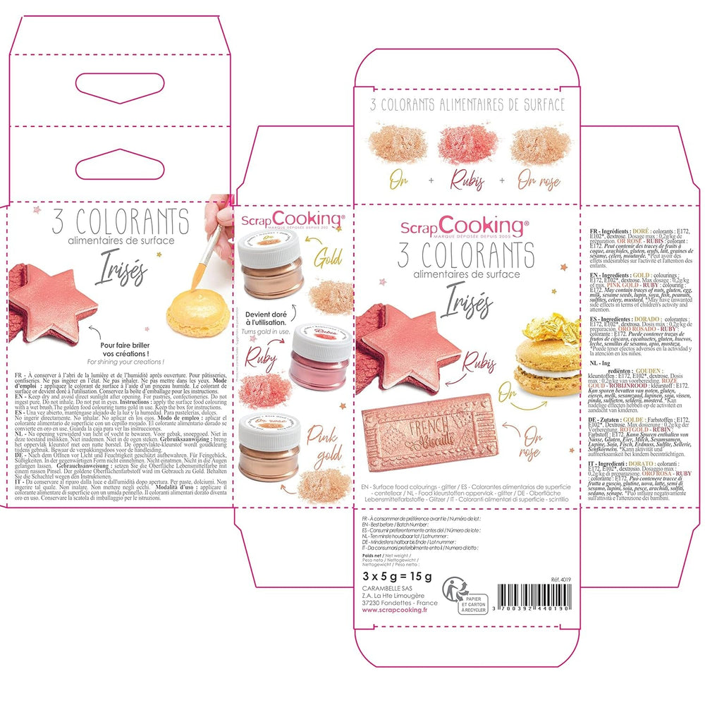 Scrapcooking - Lot de 3 Colorants Alimentaires Métallisés - Colorants Alimentaires : Or, Or Rose et Rubis - Colorant Alimentaire Comestible pour Pâtisserie, Gâteaux, Biscuits, Gâteaux, Chocolat - 4019