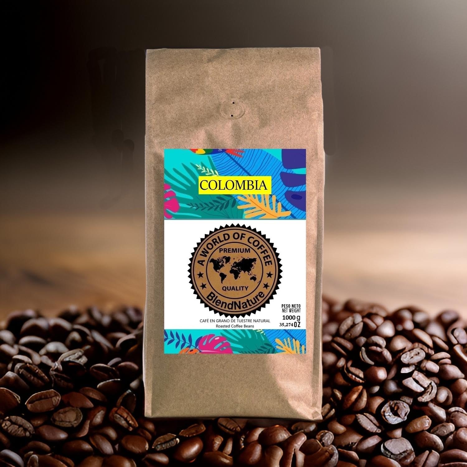 1 kg de grains de café naturels 100% Arabica - origine exclusive de Colombie - récompensé par 82 points par la Specialty Coffee Association (SCA) - pour son arôme, son goût et son excellence