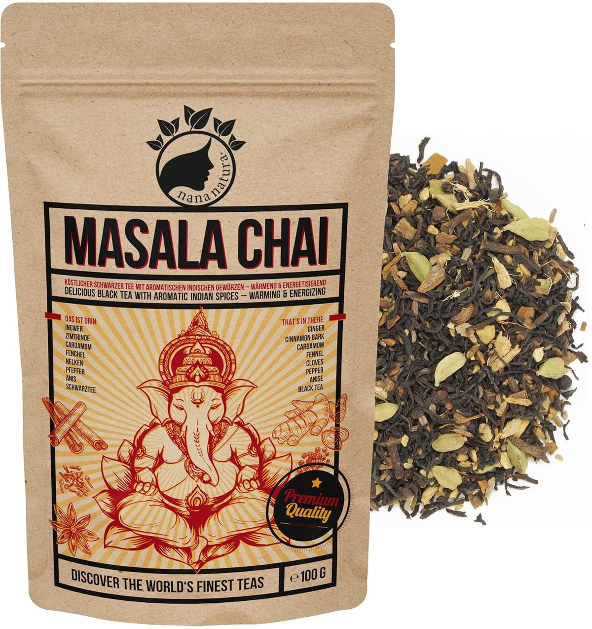 Nananatura'S MASALA CHAI TEE 100G | Perfect pentru ceai chai, chai latte cu lapte sau chai rece | 100% natural | Ceai negru delicios cu condimente indiene aromate | Încălzitor și energizant