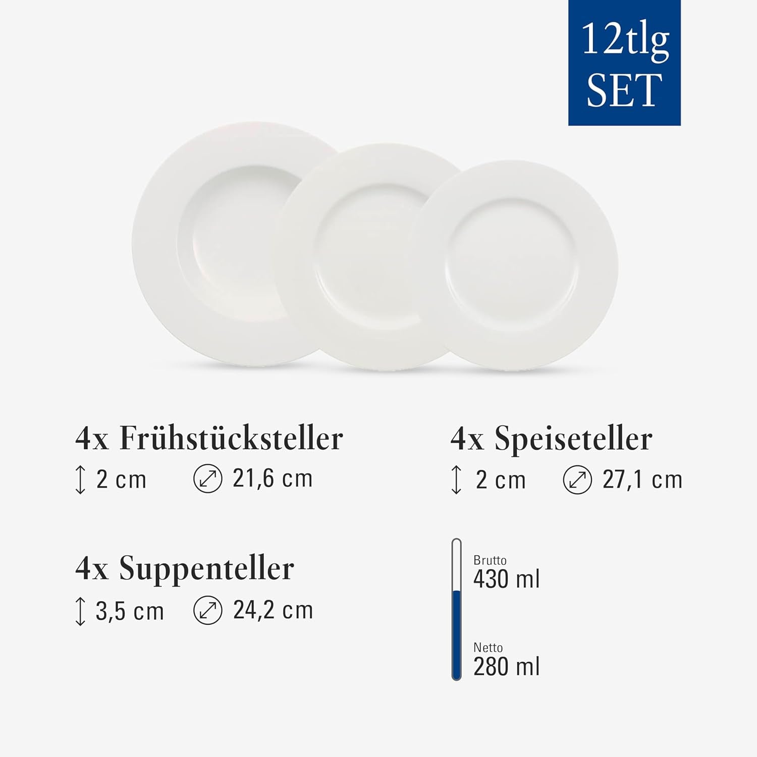 Villeroy & Boch Wonderful World Service de table 12 pièces, passe au lave-vaisselle et au micro-ondes, blanc, assiettes, vaisselle, porcelaine, assiettes plates, service de table moderne, porcelaine premium
