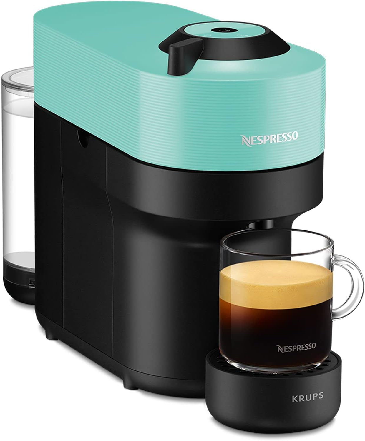 Machine à expresso avec capsules Nespresso Krups Vertuo Pop, capacité : 560 ml, reconnaissance automatique des capsules, système One Touch, 4 tailles de tasse, temps de chauffe raccourci, durable, Aqua Mint, XN9204