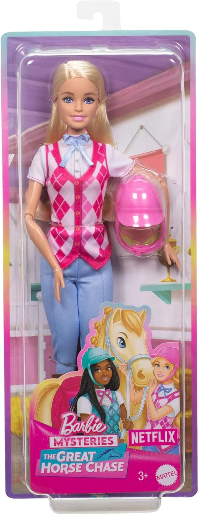 Poupée Barbie Malibu et accessoires de Barbie Mysteries : The Secret Horse Adventure, comprenant une poupée mannequin, une tenue d'équitation et un casque amovibles, HXJ38
