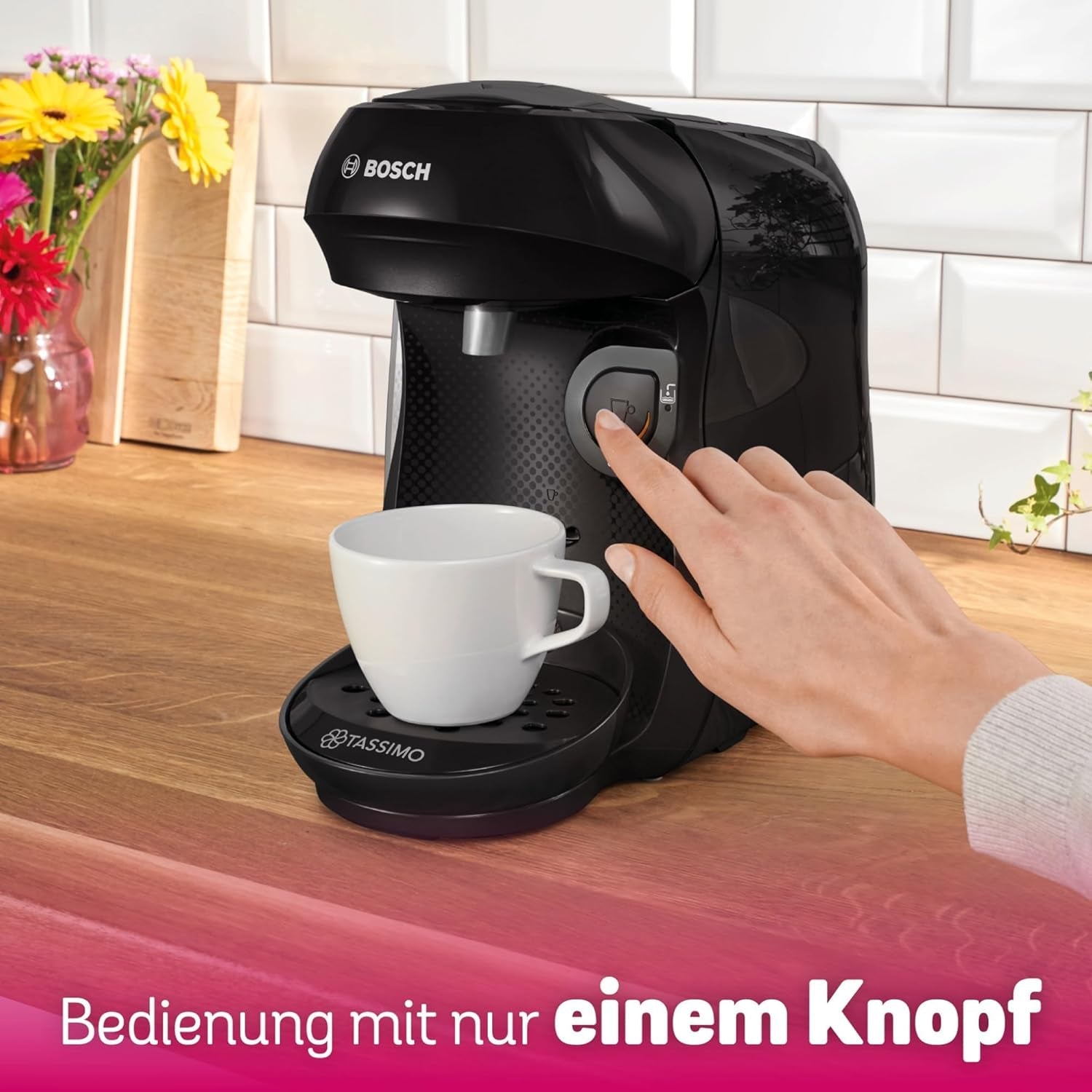 Bosch Tassimo Happy Friendly TAS102E Machine à expresso à capsules, plus de 70 boissons, convient à toutes les tasses, arrêt automatique, durable, dosage parfait, peu encombrant, 1400 W, noir