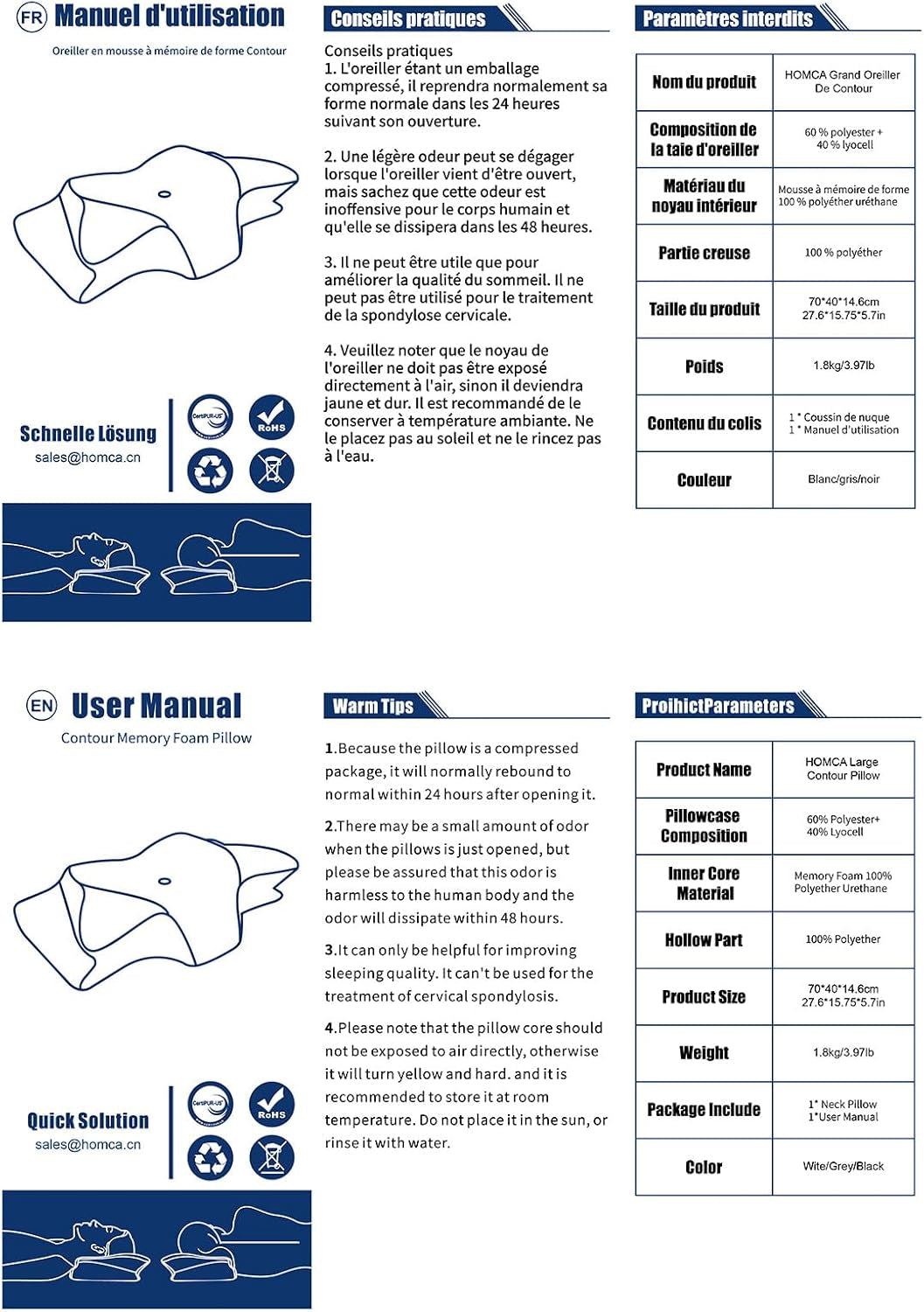 Oreiller orthopédique de soutien du cou en mousse à mémoire de forme, oreiller ergonomique pour la colonne cervicale, pour les douleurs dorsales, latérales et abdominales, 70X40X8,5/14Cm Oreillers orthopédiques cervicaux Naty Shop