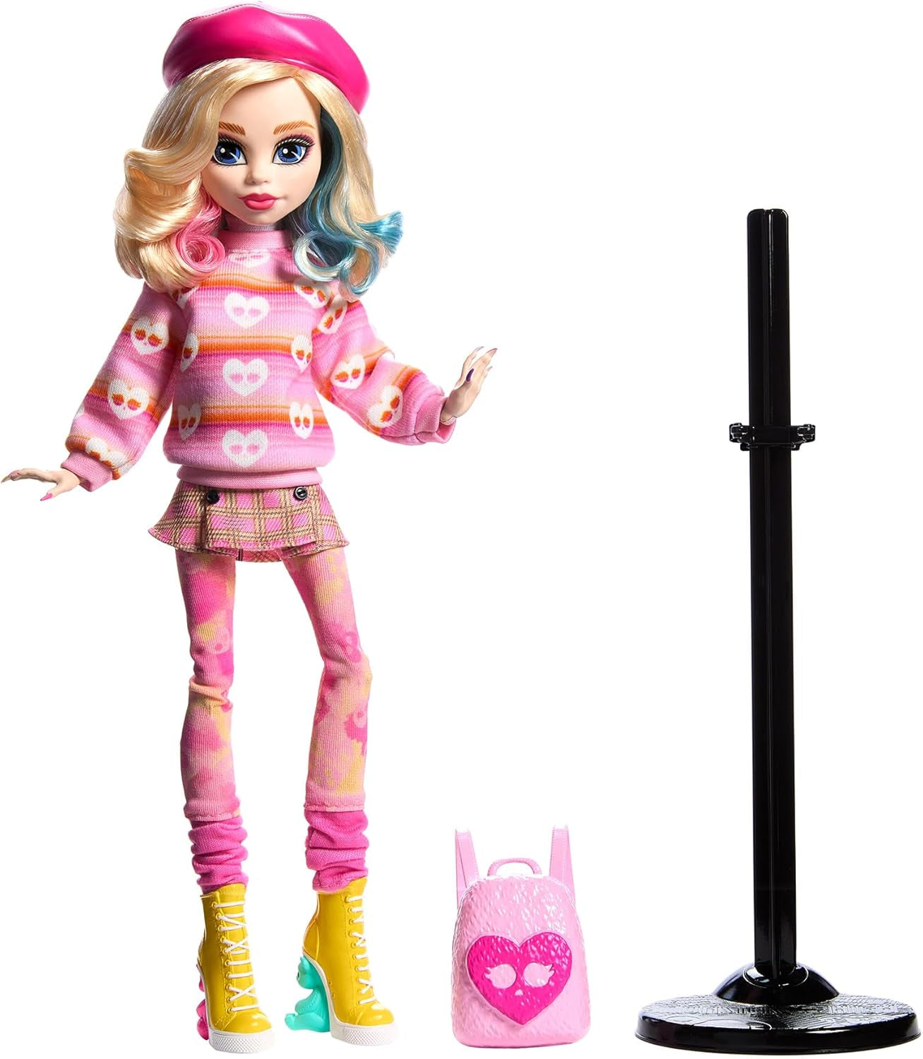 Poupée Monster High Wednesday et accessoires, figurine de collection Enid Sinclair rose avec béret et sac à dos, support de poupée HXJ05