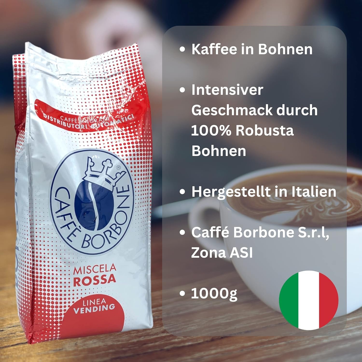 Caffé Borbone Miscela Rossa 6x 1000g en Italien | Café Borbone | Ganze Bohnen | 100% robuste | + Jassas Geback