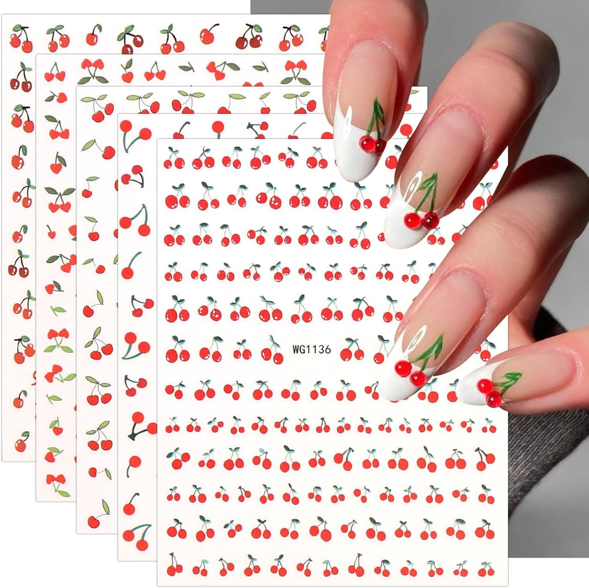 JMEOWIO Nagelsticker Kirschfrucht 6 Blatt Nail Art Sticker Selbstklebend Nagelaufkleber Dekoration Nageldesign Zubehör
