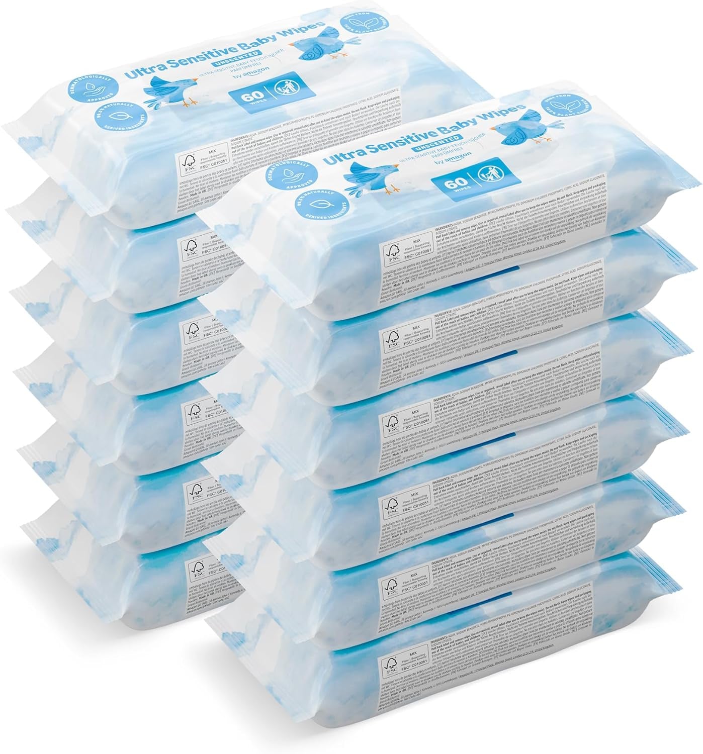 Lingettes pour bébé Amazon Ultra Sensitive, 100 % fibres végétales, 99 % eau, 1080 lingettes, non parfumées, 18 paquets de 60 lingettes chacun (anciennement vendues sous la marque Mama Bear, produit identique)