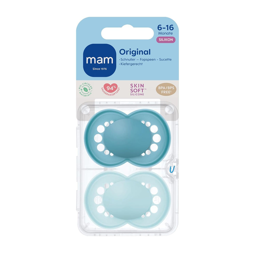 Sucettes MAM Original, paquet de 2, sucettes pour bébé respectueuses des dents, fabriquées à partir de matériaux durables et biorégénérables, tétines en silicone MAM SkinSoft, avec boîte à tétines, 6-16 mois, bleu/bleu clair
