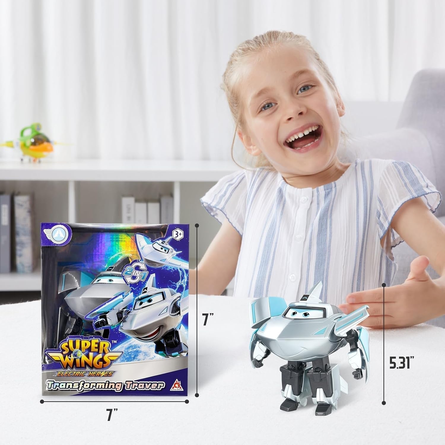 Avion de transformation Super Wings, voyageur suralimenté, env. Figurine de jeu pour grands enfants de 12,7 cm, jouet avion et robot pour garçons et filles de plus de 3 ans, figurines d'action en argent Naty Shop