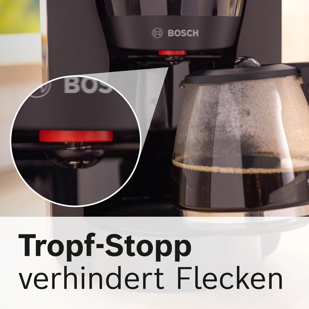 Bosch MyMoment TKA2M113 Machine à expresso à filtre, carafe en verre 1,25 L, 10-15 tasses, fonction maintien au chaud 40 minutes, système anti-goutte, porte-filtre rotatif, réservoir d'eau amovible, 1200 W, noir mat