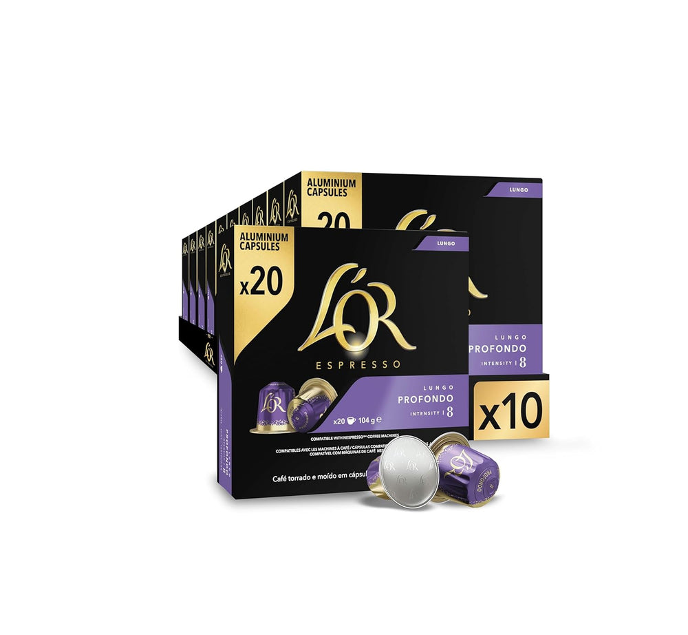 L'OR Espresso Koffiecups Lungo Profondo (200 Lungo Koffie Capsules, Gesicht voor Nespresso* Koffiemachines, Intensity 08/12, 100% Arabica Koffie, UTZ Gecertificeerd), 10 x 20 Cups
