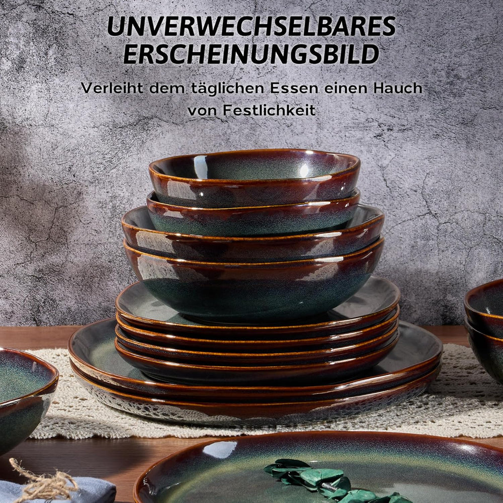 Service de table pour 6 personnes, 24 pièces en carreaux de céramique, service de table rond irrégulier avec assiettes, assiettes à dessert, bols à céréales, passe au micro-ondes et au lave-vaisselle, vert toundra réactif