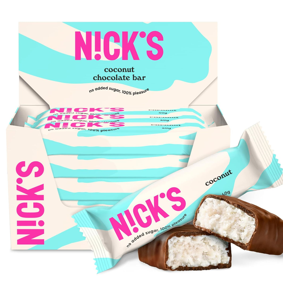 NICKS Keto Barres à la noix de coco, collations au chocolat et à la noix de coco, 175 calories, 2 glucides nets, sans sucre ajouté, sans gluten, bonbons à faible teneur en glucides (15 x 40 g)