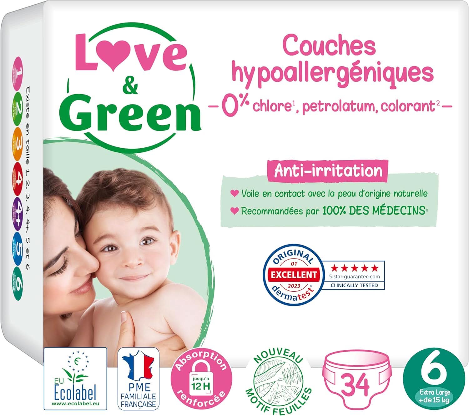 Love & Green, Couches pour bébés, hypoallergéniques, taille 6 (34 unités) Mère et Enfant Naty Shop