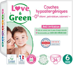 Love & Green, Couches pour bébés, hypoallergéniques, taille 6 (34 unités) Mère et Enfant Naty Shop