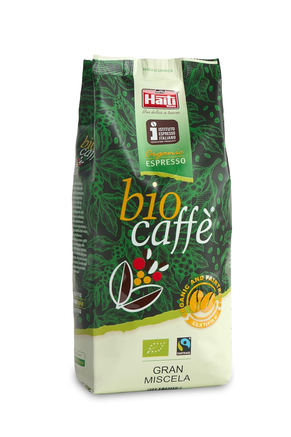 Caffè Haiti Roma Biocaffè Gran Miscela Café en grains 100% biologique/commerce équitable, 1 kg, certifié par l'Institut italien de l'espresso. Un expresso gourmand fabriqué en Italie. Torréfaction artisanale.
